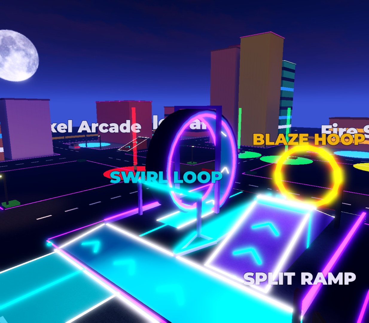 Neon stunt park at night in Fare Frenzy, with the Swirl Loop, Blaze Hoop and Split Ramp